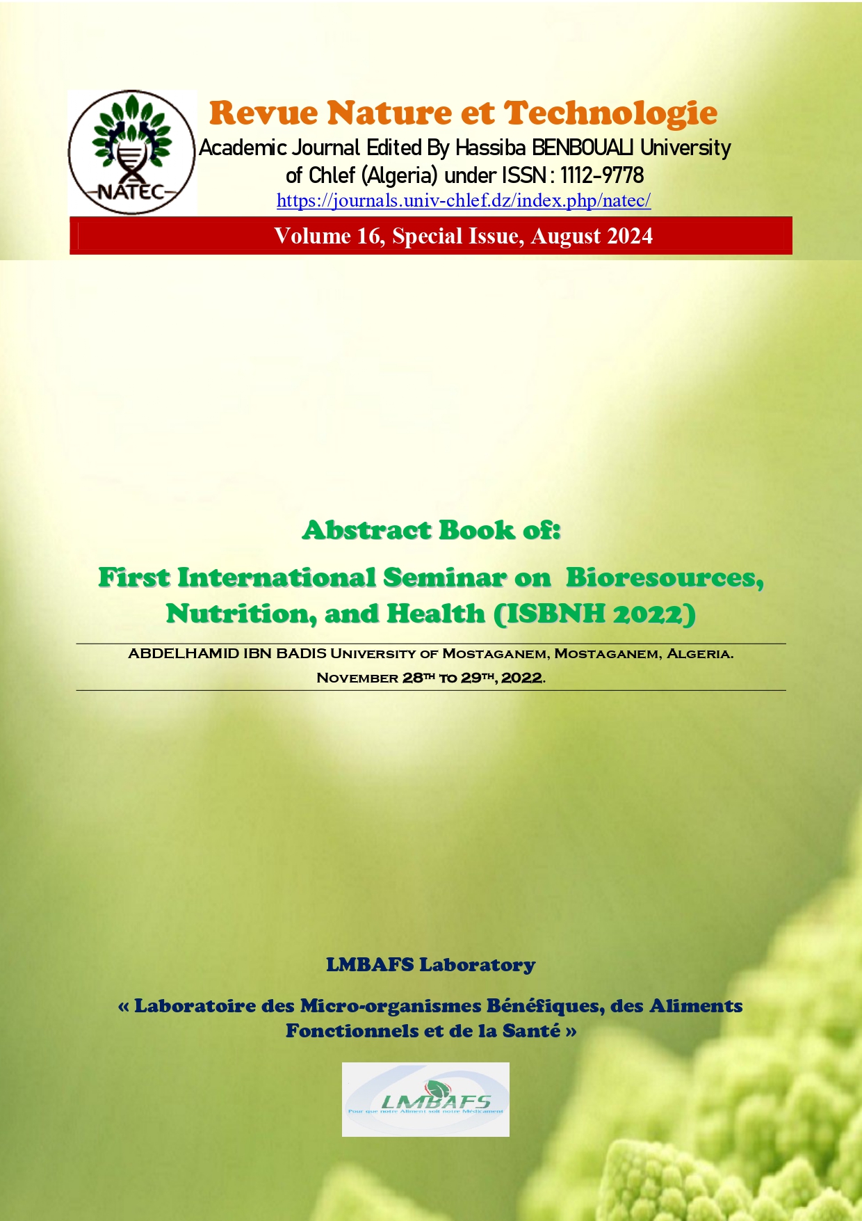 The first International Seminar on Bioresources, Nutrition, and Health (ISBNH, 2022)